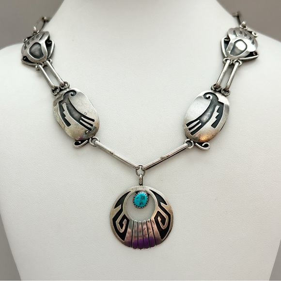 Amazing Vintage Danny Clark Navajo Turquoise Sterling Silver Overlay Necklace - Picture 4 of 14